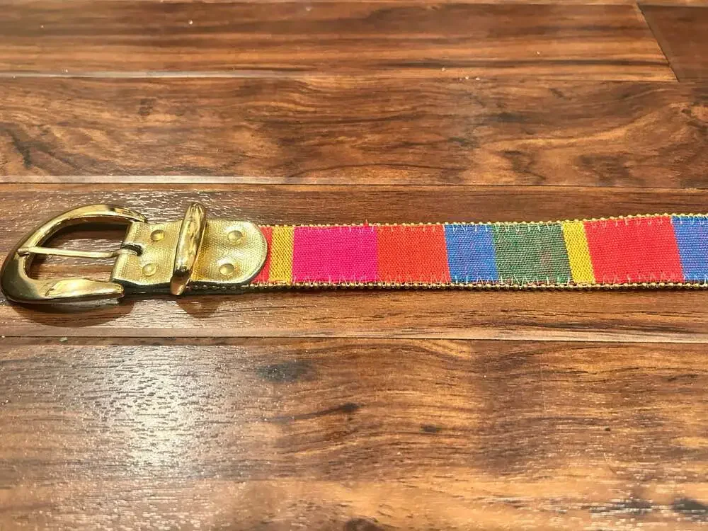 Vintage Multicolor Striped Tapestry Belt w Gold-Tone Bead Edges Boho Maximalist